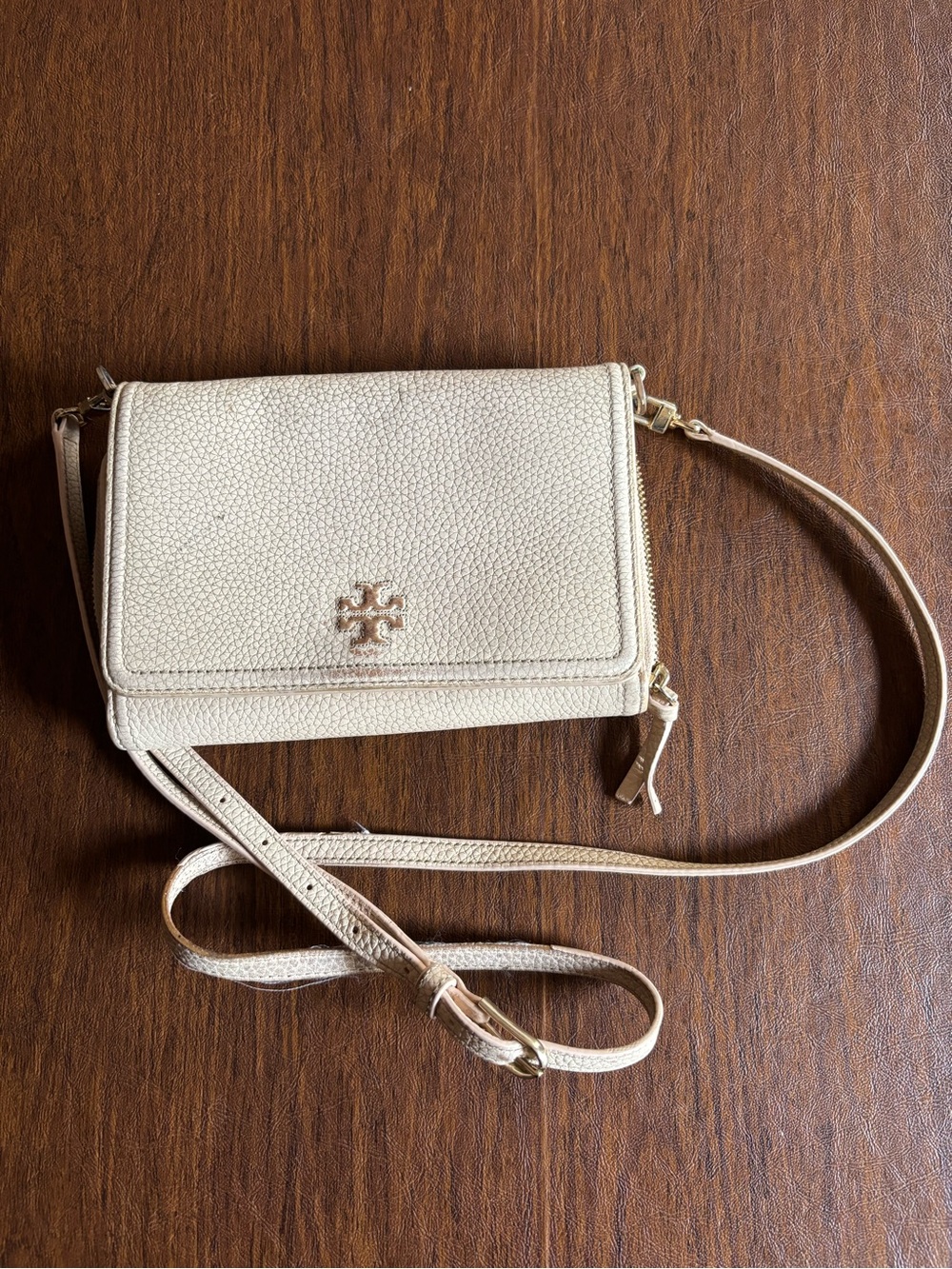 TORY BURCH Pebbled Leather Logo Wallet Crossbody Bag Beige/Blush Pink